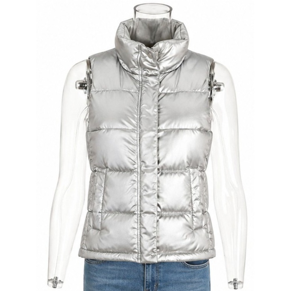 Talbots‎ Petites Silver Puffer Vest Quilted Down Fill Funnel Neck SKUW748